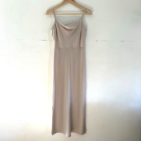 BHLDN Dresses & Skirts - BHLDN Slip Dress Tan Beige Square‎ Neck Side Slit Size 8 Y2K 2000s Basic